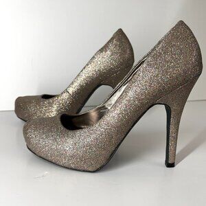 Le Chateau Champagne Gold Multicolor Glitter‎ Platform Rounded Toe 5" Heels Sz 8